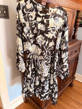 NWT Topshop Blue Floral Ikat Short Peasant Blousy Sheer Belt Tie Dress